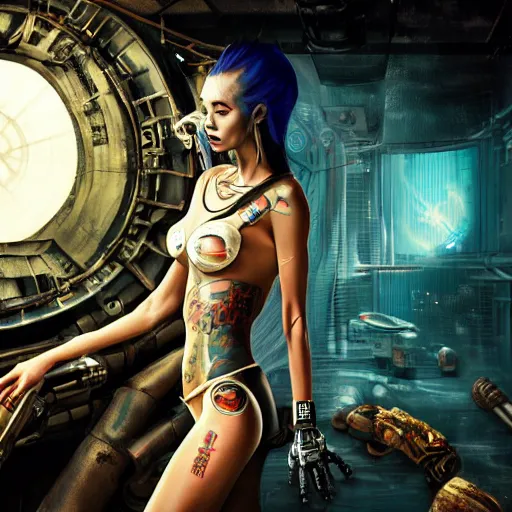 Prompt: super model cyberpunk girl with Japanese yakuza full body tattoo in future world,with a robotic arm, painted by Norman Rockwell and Bosch and da Vinci, super textural and rusty metallic background , inside abandoned space ship, trending on art station,4k, 8k, ultra details, lense flare, neo-Hong-Kong