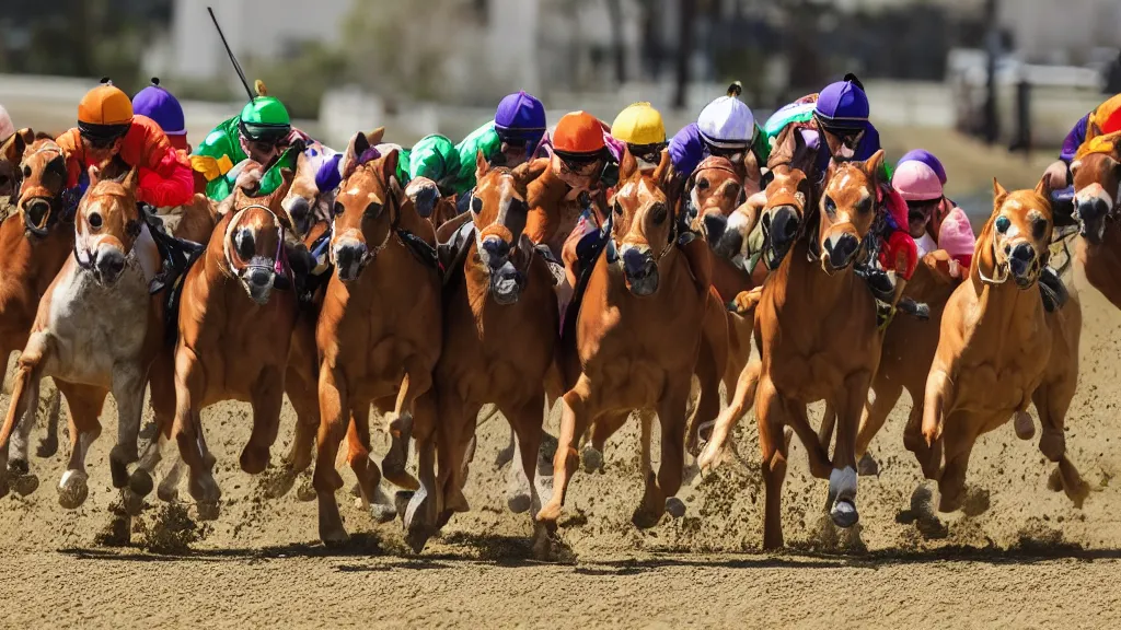 Prompt: a horse race with bengal cats as jockeys, colorful