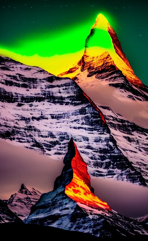 Image similar to a photo at nighttime of a powerful llumination of the matterhorn in the colors of indian flag, orange top, white middle, green base. projected illuminated on the matterhorn mountain at night