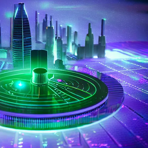 Prompt: hologram of futuristic city on a table, 1 2 0 mm, cinematic