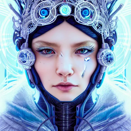 Prompt: high quality, high detailed portrait of a snow queen cyberpunk character in a futuristic world, snow crush. hyperrealism, intricate details, cables, wires, elaborate futuristic crown. connectors led. tristan eaton, victo ngai, artgerm, rhads, ross draws, alphonse mucha, pastel colors, vintage, artstation, vector. 8 k