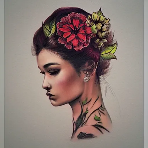Prompt: tattoo design, stencil, traditional, beautiful portrait of a girl with flowers in her hair by artgerm, artgerm, digital art