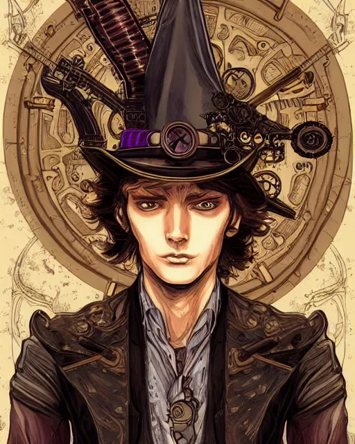 Image similar to a detailed portrait illustration of a steampunk wizard - gunslinger. beautiful androgynous teenage face. art nouveau, pop art, comic book style. influenced by neil gaiman, jules verne, dan mumford, brian froud, killian eng, ross tran.