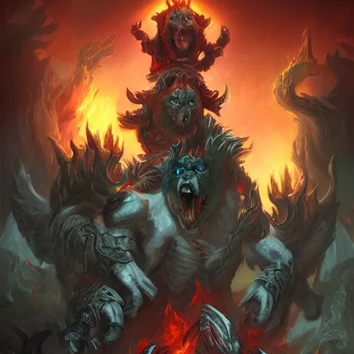 Image similar to hell cerberus, hell background, epic fantasy style, in the style of Greg Rutkowski, hearthstone artwork