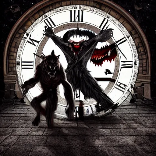 Prompt: a vampire fighting a werewolf at night in front of a giant clock face, spooky, exciting, cinematic, sharp, highly detailed digital art, trending on artstation