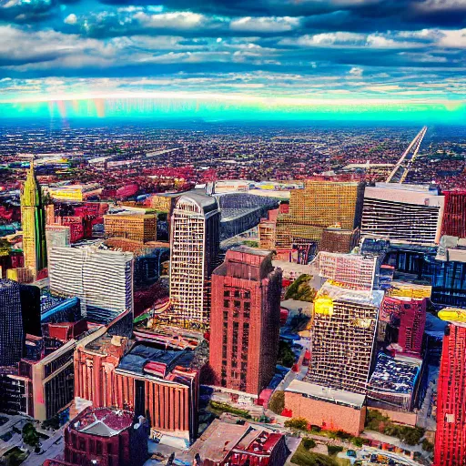 Prompt: Aerial tilt-shifted photograph of Columbus, OH with a rainbow