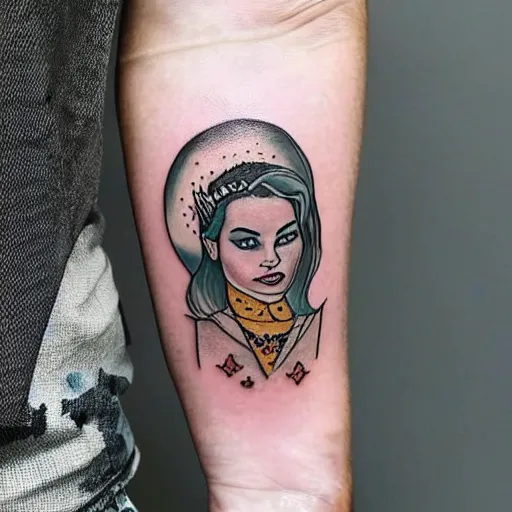 Image similar to surrealist tattoo design of margot robbie and nature mash up, in the style of arlo dicristina, amazing detail