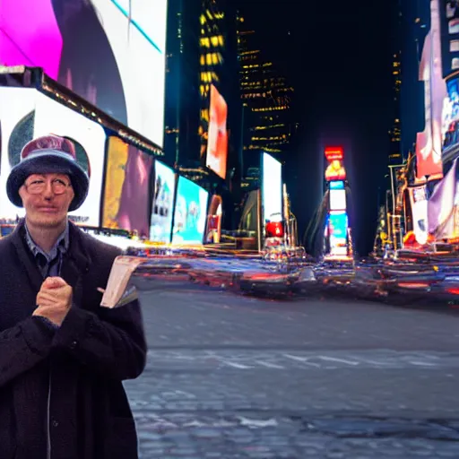 Image similar to time traveler meeting the future in times square alongside with his time machine, 8 k, detailed, lens blur