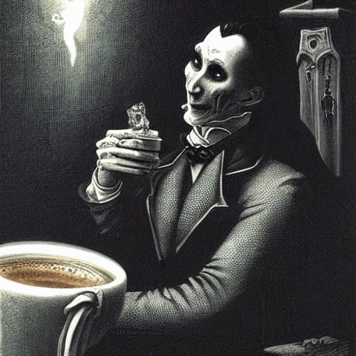 Image similar to dracula drinking coffee, creepy atmosphere, dark, portrait, realistic, very realistic, illustration by Gustave Doré