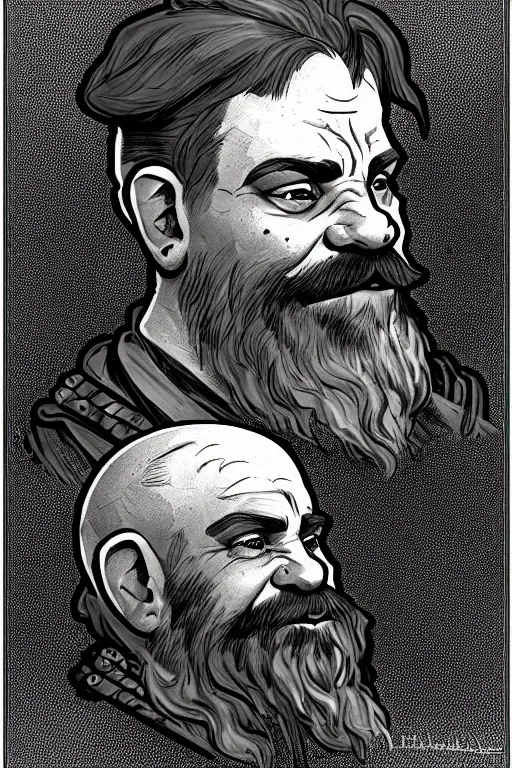 Image similar to head and shoulders portrait of a dwarf adventurer, jovial, scarred lip, grandfatherly, leather armor, male, tavern background, high fantasy, d & d, by alphonse mucha, face details, extremely detailed, digital illustration