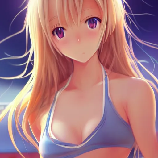 Image similar to a very beautiful young anime tennis girl, very angry, full body, long wavy blond hair, sky blue eyes, full round face, short smile, bikini, miniskirt, highly detailed, cinematic wallpaper by stanley artgerm lau