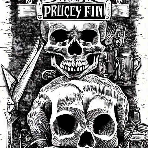 Prompt: precisely drawn illustration of tavern sign featuring skull, wide angle, sharp, fine details, french comic style, vibrant realistic colors, full color, heroic fantasy, intense line art, 8 k, precise linework, realistic, in the style of heavy metal comics and richard corben and moebius