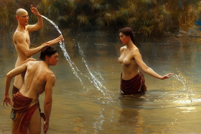 Image similar to water bender, painting by gaston bussiere, craig mullins, j. c. leyendecker