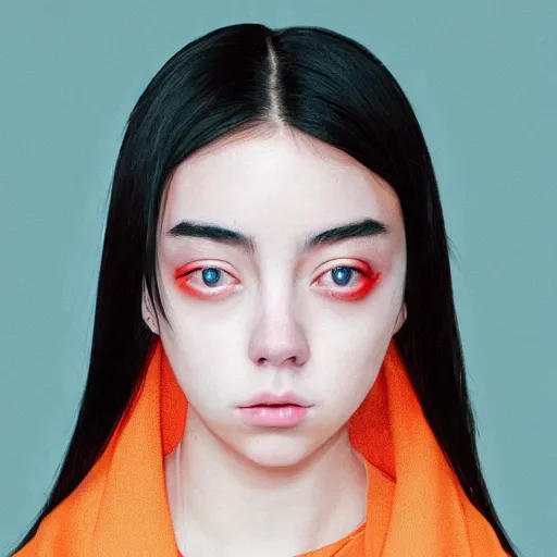 Image similar to a masterpiece portrait photo of a beautiful young woman who looks like a korean billie eilish, symmetrical face