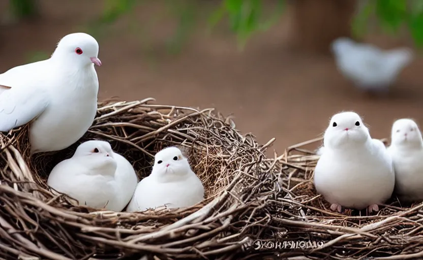 Image similar to A dove and an exotic shorthair cat guarding their eggs in a nest, eggs with faces, white doves, nest is made of sticks, national geographic, odd, depth of field, photorealistic