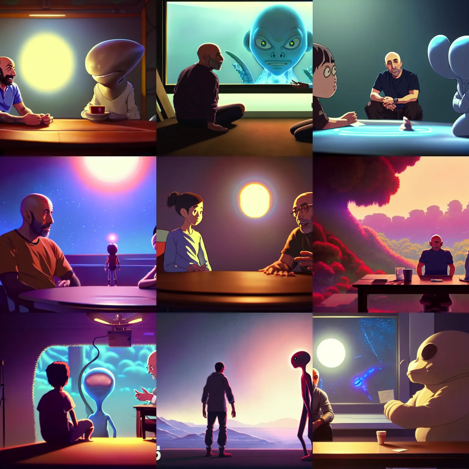 Prompt: a wholesome animation key shot of joe rogan interviewing an alien who is high on dmt, medium shot, studio ghibli, pixar and disney animation, sharp, rendered in unreal engine 5, anime key art by greg rutkowski, bloom, dramatic lighting