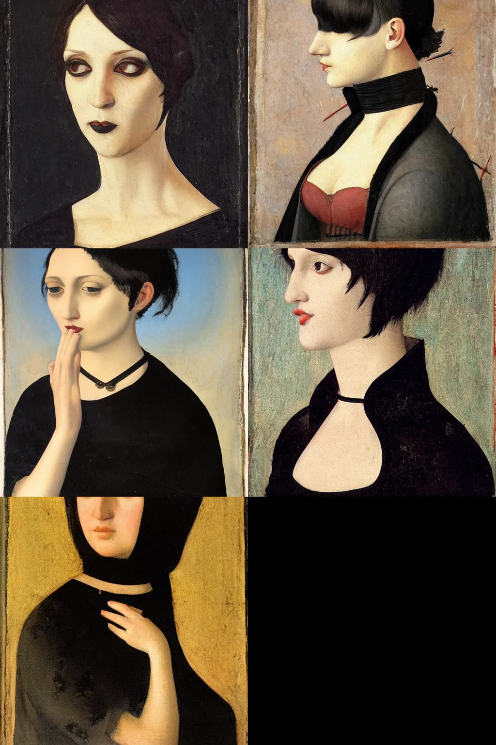 Prompt: a goth portrait painted by fra angelico. her hair is dark brown and cut into a short, messy pixie cut. she has a slightly rounded face, with a pointed chin, large entirely - black eyes, and a small nose. she is wearing a black tank top, a black leather jacket, a black knee - length skirt, and a black choker.