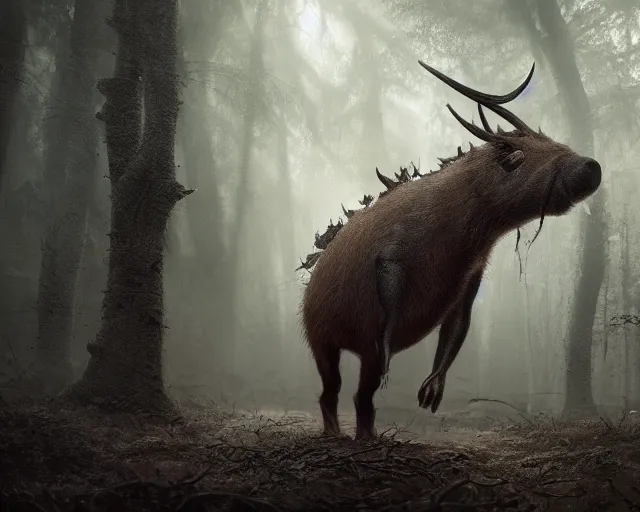 Image similar to 5 5 mm portrait photo of an armored demonic capybara with antlers, in a magical forest. dark atmosphere. art by greg rutkowski. highly detailed 8 k. intricate. lifelike. soft light. nikon d 8 5 0.