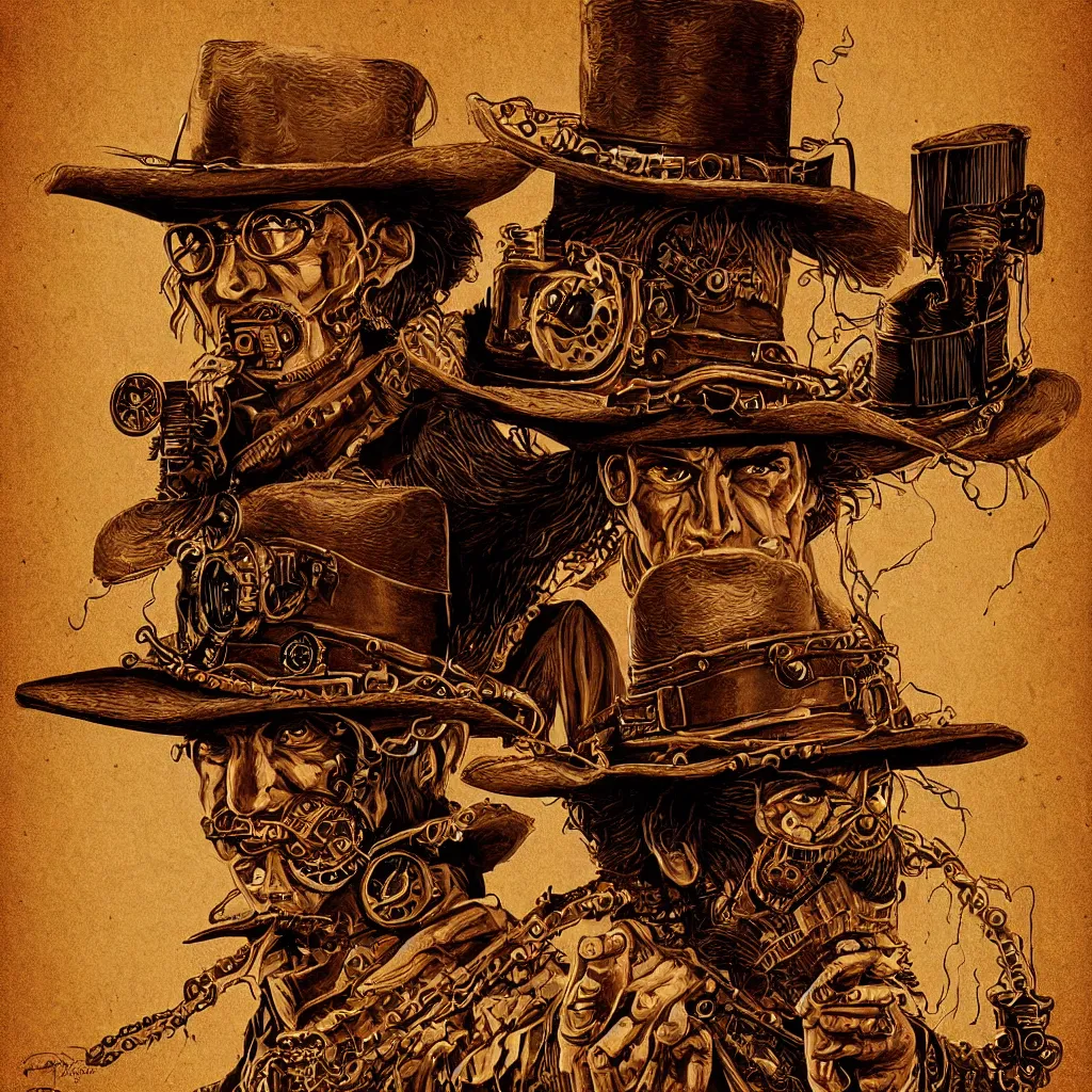 Image similar to steampunk spaghetti western wanted poster, wanted RANDEL BROTHERS dead or alive, elegant, highly detailed, digital painting, concept art, sharp focus, illustration, by Sergio Leone