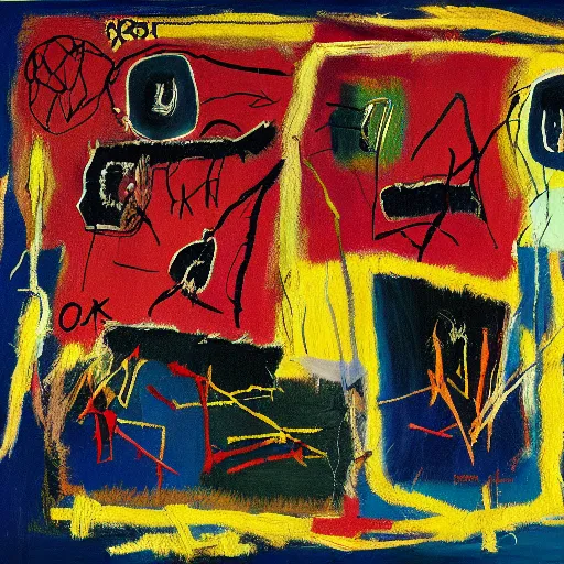 Image similar to autumn fields, painted by basquiat