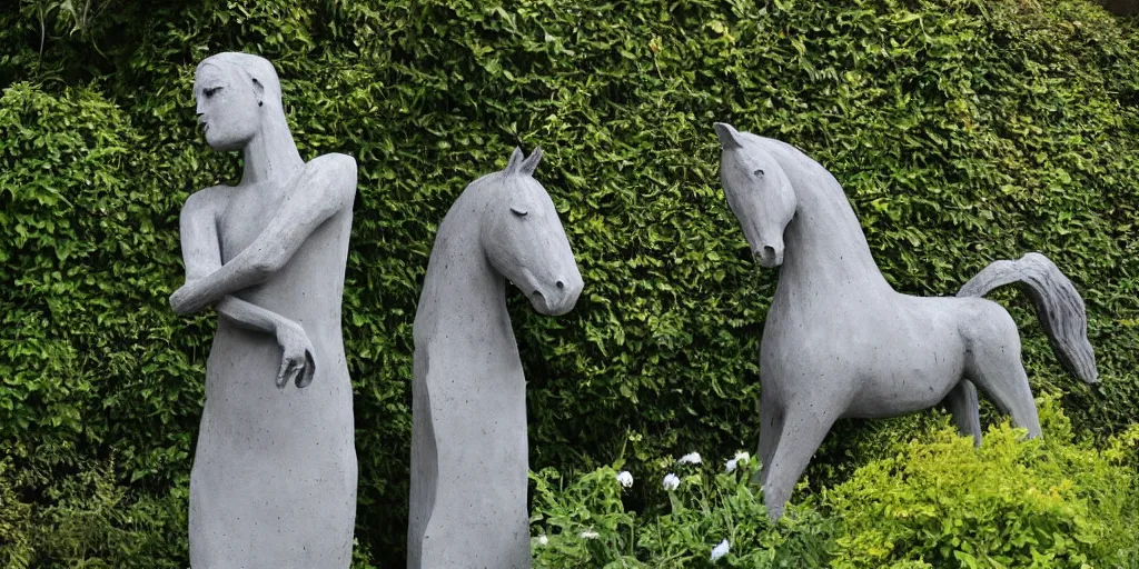 Image similar to art magazine photo, folk art garden sculptures in an english cottage garden, concrete sculpture of a horse, sculpture by wouterina de raad!!!, art by james tellen, highly detailed, realistic anatomical proportions, textured hand built concrete sculpture, amazing concrete sculpture, 4 k