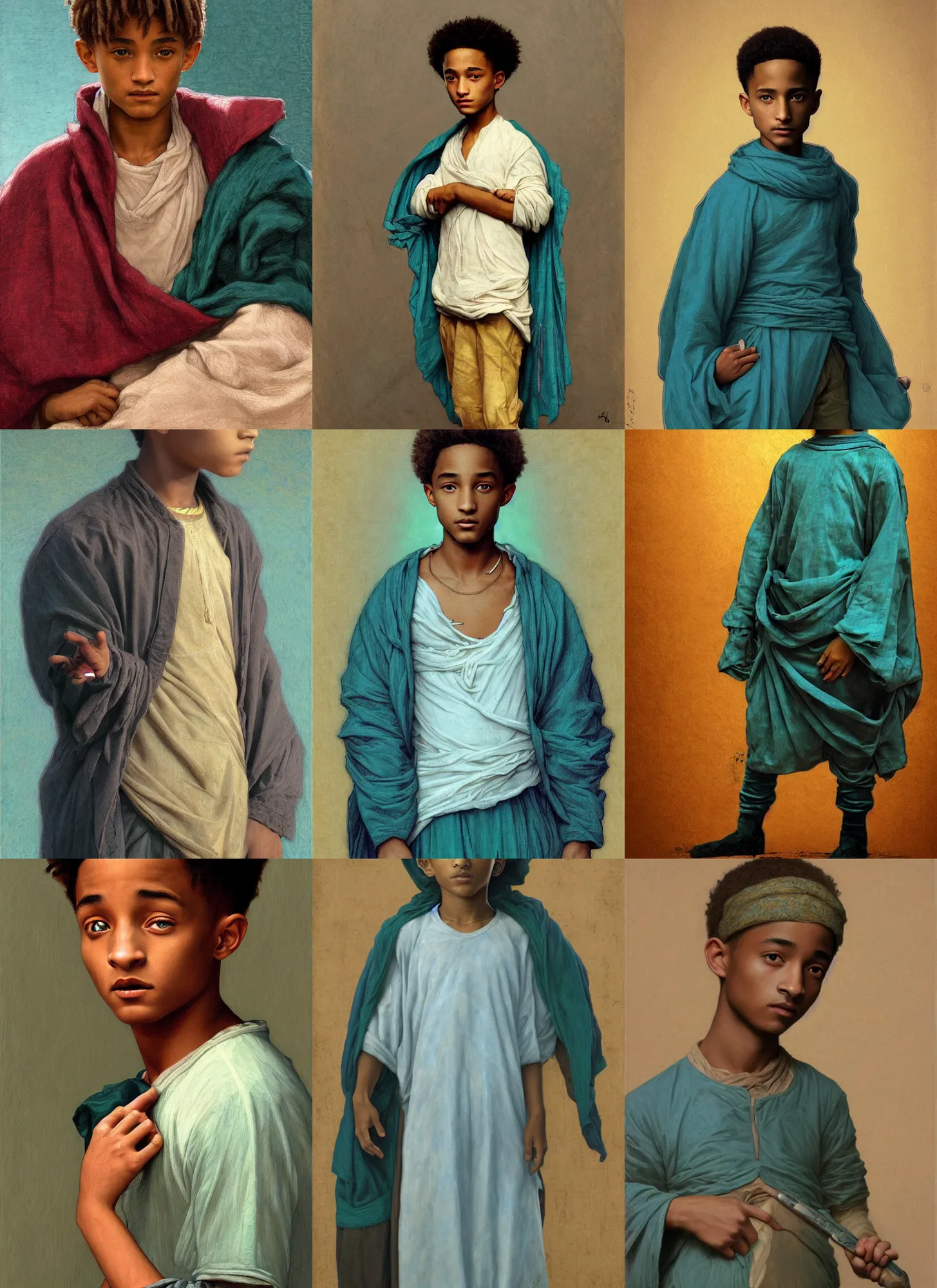 Prompt: jaden smith as young libyan boy, teal cloth, bald, intricate, dark, highly detailed, artstation, sharp focus, illustration, orientalism, bouguereau, rutkowski, mucha