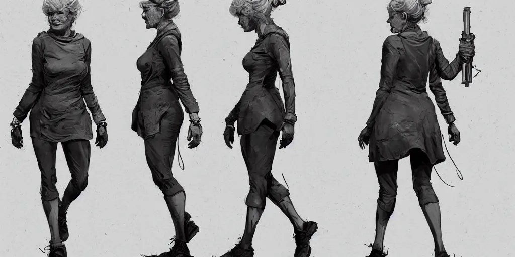 Prompt: nice old lady running down a dream, character sheet, fine details, concept design, contrast, brigitte bardot, kim jung gi, greg rutkowski, trending on artstation, 8 k, full body, turnaround, front view, back view, ultra wide angle