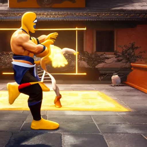 Image similar to gameplay screenshot of bruce lee vs donald duck in mortal kombat 1 1,