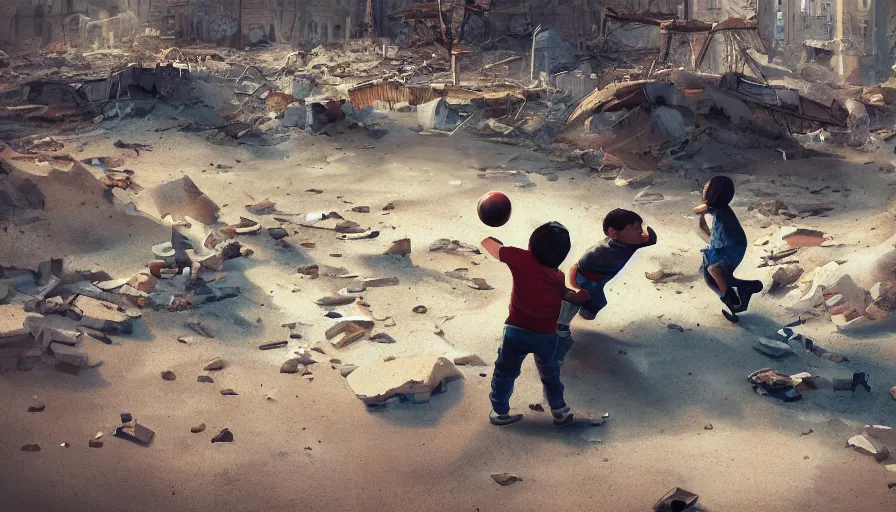 Image similar to kids playing with soccer ball in las vegas ruins, cloudy day, snow dunes, debris, hyperdetailed, artstation, cgsociety, 8 k