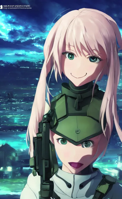 Prompt: smiling girl, left eye is closed, trading card front, future soldier clothing, future combat gear, realistic anatomy, concept art, professional, by ufotable anime studio, green screen, volumetric lights, stunning, military camp in the background, metal hard surfaces, focus on generate the face