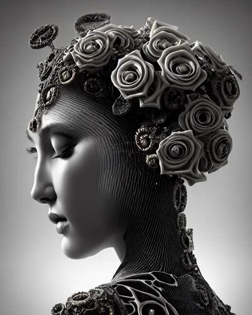 Image similar to mythical dreamy black and white organic bio - mechanical spinal ribbed profile face portrait detail of translucent steampunk beautiful female angelic - human - queen - vegetal - cyborg, highly detailed, intricate crystal ivy jelly ornate, poetic, translucent roses ornate, 3 d render, digital art, octane render, 8 k artistic photography, photo - realistic, by dora maar