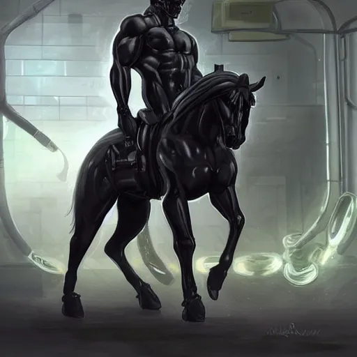 Image similar to splash art of a black - coated anthropomorphic horse supersoldier with gargantuan muscles in a research facility wearing a combat kevlar outfit, highly detailed, furry, furaffinity, digital painting, artstation, illustration, art by artgerm, greg rutkowski, wlop