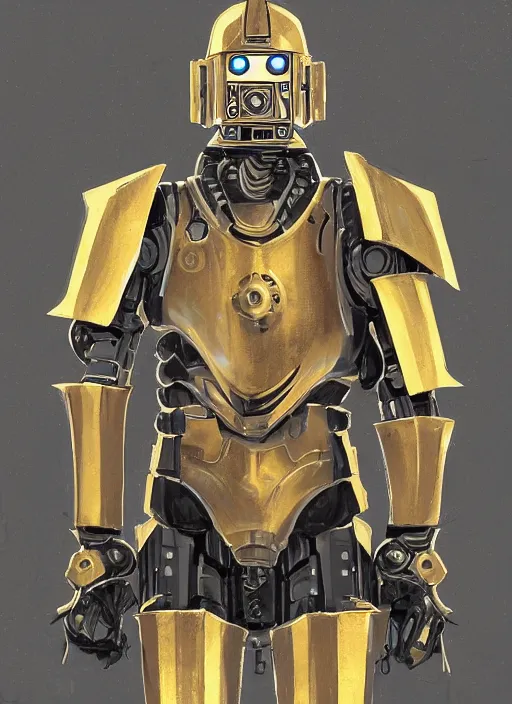 Image similar to dynamic attack position abstract portrait of a intricate glorious holy mechanical warforged character in yellow armor holding a paladin engraved great longsword drawn and carrying a big paladin shield, glowing!!!! eye!!!!!, face in focus, pit droid, epic , trending on ArtStation, masterpiece, cinematic lighting, by Ross Tran and by Greg Rutkowski