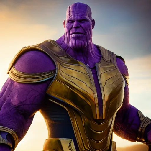 Image similar to bob odenkrik wearing thanos armour, cinematic lighting, hd 4k photo