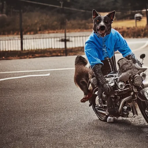 Image similar to blue heeler dog on a motorcycle, 8 k photography, blurred background of a wafflehouse