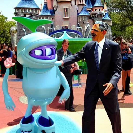 Image similar to obama shaking hands with smiling alien at disneyland