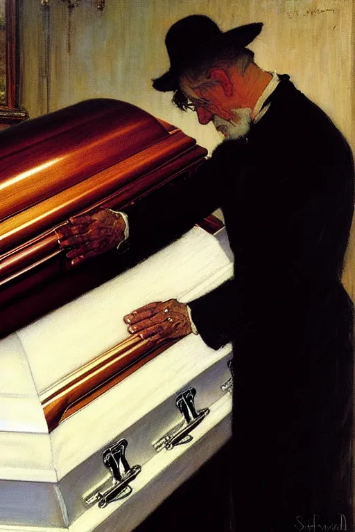 Prompt: a sad man mourning over a casket by sydney prior hall and alfred stevens and sherree valentine daines and norman rockwell, casket, highly detailed, deep shadows, accurate face, hyperrealism