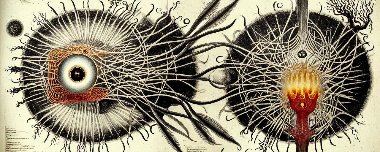 Image similar to a strange creature with endearing eyes radiates a unique canto'as above so below'while being ignited by the spirit of haeckel and robert fludd, breakthrough is iminent, glory be to the magic within, in honor of saturn, painted by ronny khalil