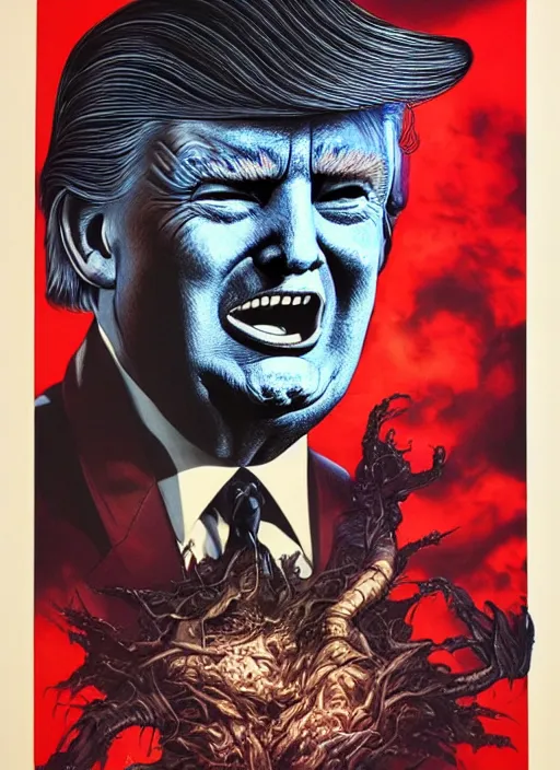 Prompt: donald trump's disgusting true form burstin from within, horror, high details, intricate details, by vincent di fate, artgerm julie bell beeple, 1 9 8 0 s, inking, vintage 8 0 s print, screen print