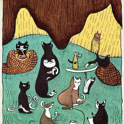 Image similar to cats drinking coffee, amongst coffee bean rain, illustrated in styles of Maurice Sendak, Tove Jansson