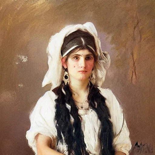 Image similar to portrait of gypsy girl, large silver round earrings, painted by john singer sargent, jeremy lipking, jeremy mann
