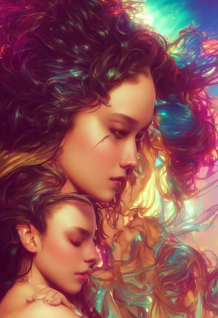 Image similar to beautiful, young woman, detailed gorgeous face, vaporwave aesthetic, synthwave, colorful, psychedelic, artstation, concept art, smooth, extremely sharp detail, finely tuned detail, ultra high definition, 8 k, unreal engine 5, ultra sharp focus, illustration, art by artgerm and greg rutkowski and alphonse mucha