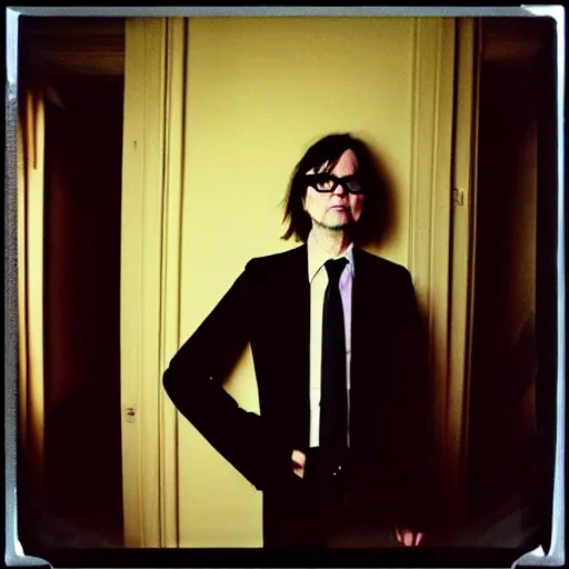 Prompt: jarvis cocker wearing goth clothing, portrait, polaroid, by nan goldin