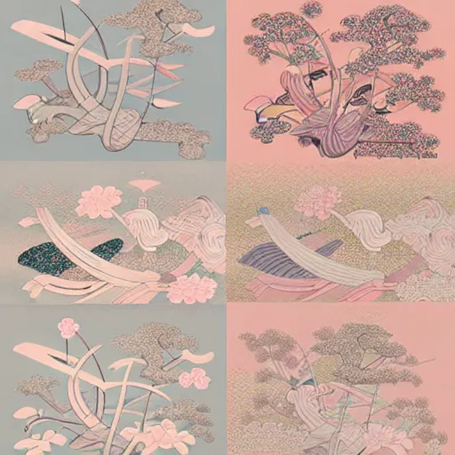 Image similar to generative, detailed, Japanese traditional art elements, muted pastel colors,