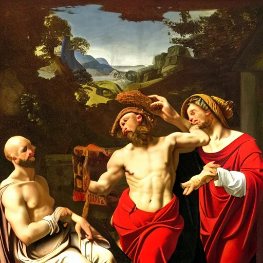 Prompt: epic masterpiece three Wiseman from the east slaves of history unholy, in the style of David Geddes, Jacques-Louis David, Caravaggio, Élisabeth Vigée Le Brun, dramatic lighting, establishing shot, detailed and clear beautiful realistic faces, 8k resolution – W 1024