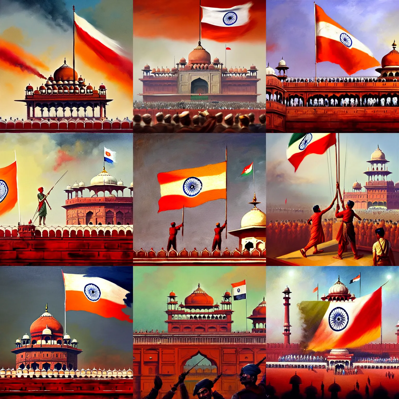 Prompt: dramatic masterpiece oil painting of indian freedom fighters hoisting the indian flag on top of red fort, 1 9 4 7. by greg rutkowski, by, trending on artstation, featured on pixiv, oil on canvas, cinematic composition, brilliant lighting, highly detailed, hd, 8 k