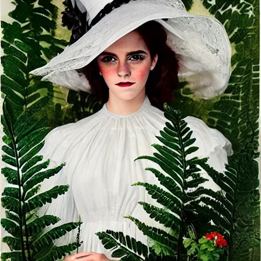 Image similar to full body fashion model emma watson by Winslow Homer smokey eyes makeup eye shadow fantasy, glow, shimmer as victorian woman in a long white frilly lace dress and a large white hat having tea in a sunroom filled with flowers, roses and lush fern flowers ,intricate, night, highly detailed, dramatic lighting , high quality