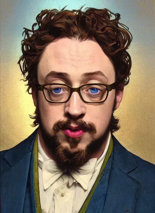 Prompt: Sam Hyde in a Celestial royal blue suit, luxurious theme, starring in Thor Ragnarok film, gold suit, sigma male, accurately portrayed, portrait art by alphonse mucha and greg rutkowski, highly detailed, digital painting, concept art, illustration, dim lighting with twilight rays of sunlight, trending on artstation, very detailed, smooth, sharp focus, octane render, close up