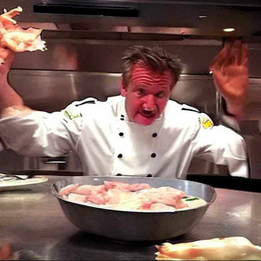 Prompt: < photo trending > gordon ramsey reacts outrageously to being served a plate overflowing with raw sliced chicken