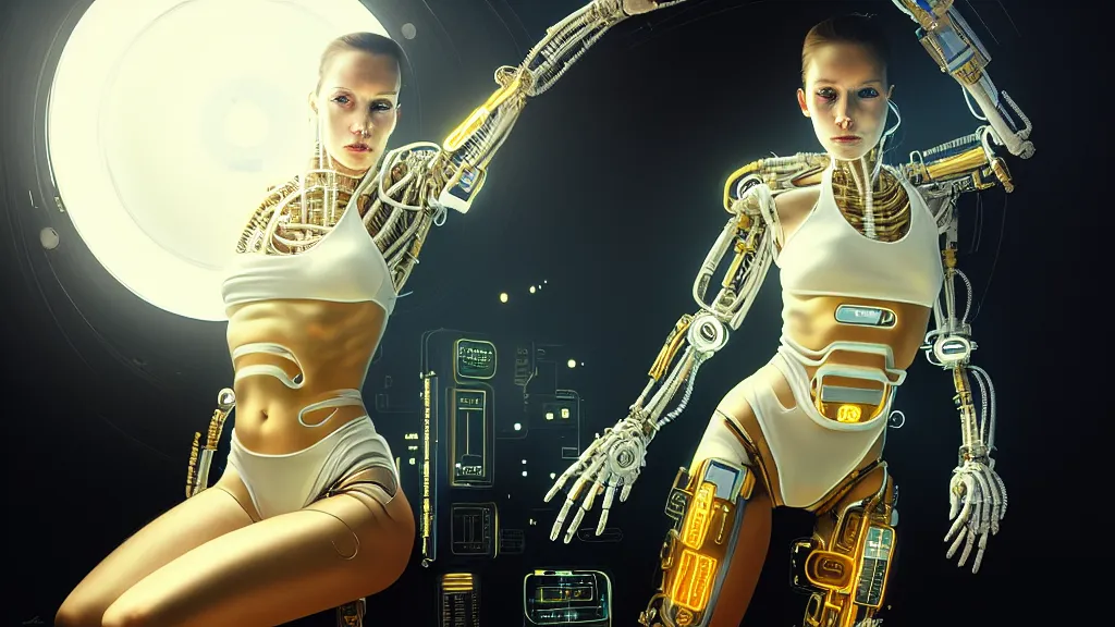 Image similar to beauty woman wrapped in white and gold, Terminator artifacts, electronic case display, cyberpunk tech, ultrarealistic, futuristic, back lit, dramatic lighting, electrical details, high details, 4k, 8k, best, accurate, trending on artstation, artstation, photorealism, ultrarealistic, digital painting, style of Peter Mohrbacher, Caravaggio, Caravaggio, Boris Vallejo, Hajime Sorayama